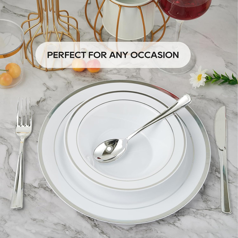 Western Catering Wedding Party Supply Silver Rim Disposable Plastic Salad Dessert Soup Bowls