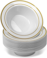 High quality heavy duty elegant party wedding 12 oz gold rim disposable plastic PS bowls for soup salad dessert