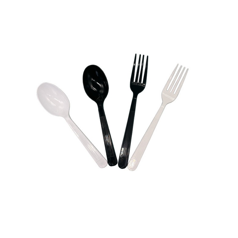 PP Black White Flatware Sets with Plastic Spoons Fork Knives Napkin Paper Disposable Cutlery Sets