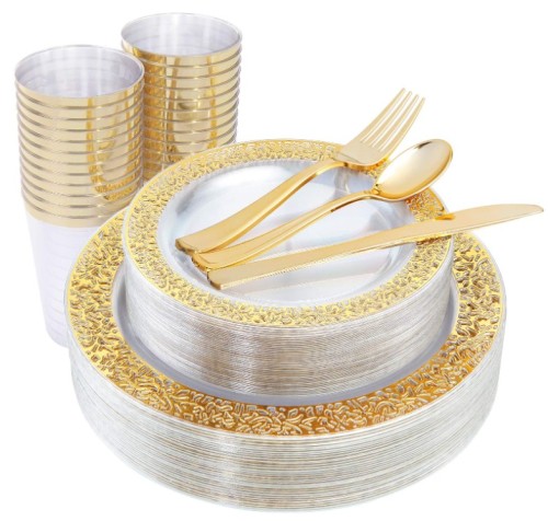 160 pieces Clear Gold Lace Rim Plastic Disposable charger plates dinnerware sets with fork knife spoon cup