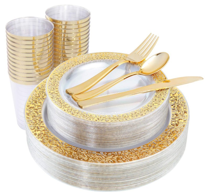 160 pieces Clear Gold Lace Rim Plastic Disposable charger plates dinnerware sets with fork knife spoon cup