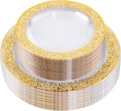160 pieces Clear Gold Lace Rim Plastic Disposable charger plates dinnerware sets with fork knife spoon cup