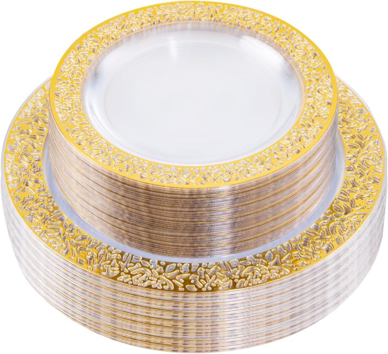 160 pieces Clear Gold Lace Rim Plastic Disposable charger plates dinnerware sets with fork knife spoon cup