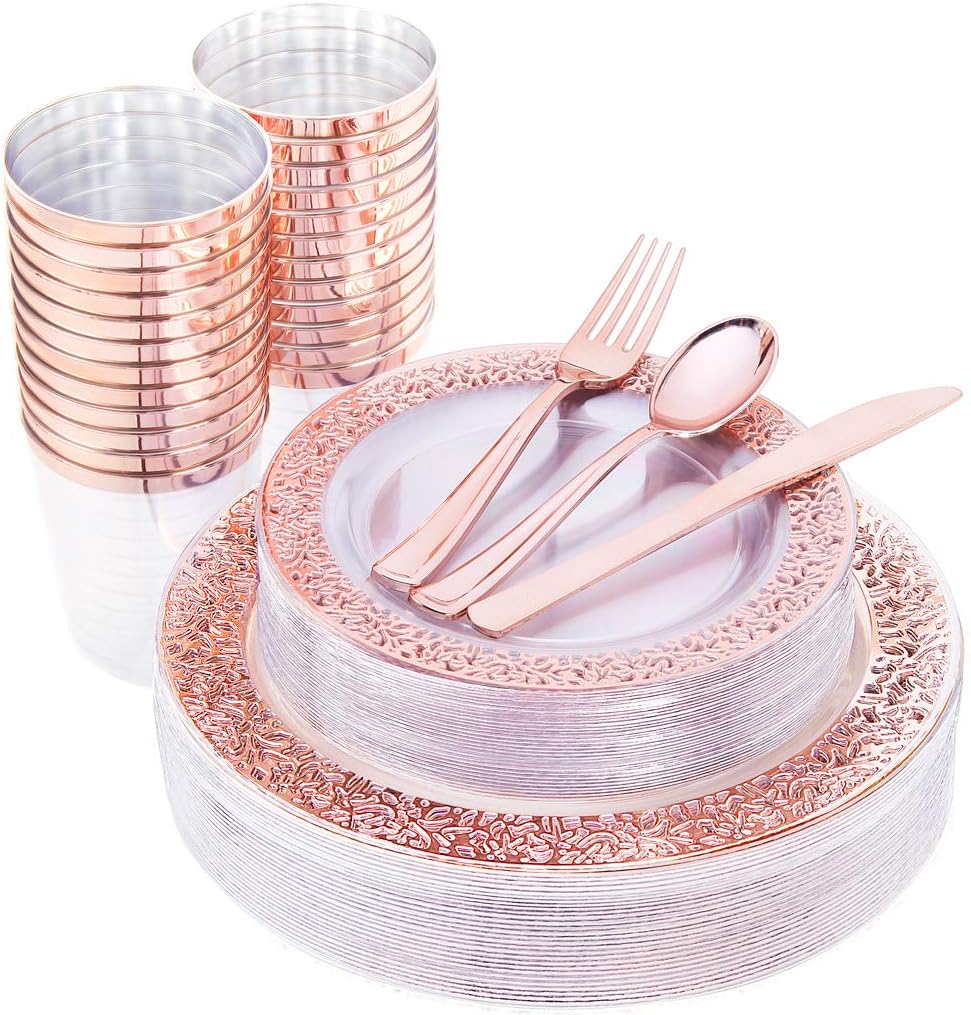 160 pieces Clear Gold Lace Rim Plastic Disposable charger plates dinnerware sets with fork knife spoon cup