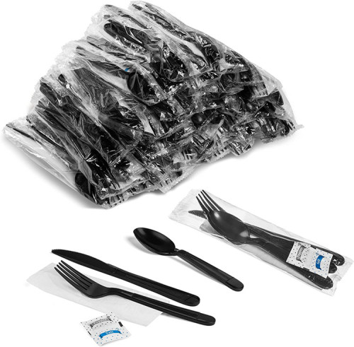PP Black White Flatware Sets with Plastic Spoons Fork Knives Napkin Paper Disposable Cutlery Sets