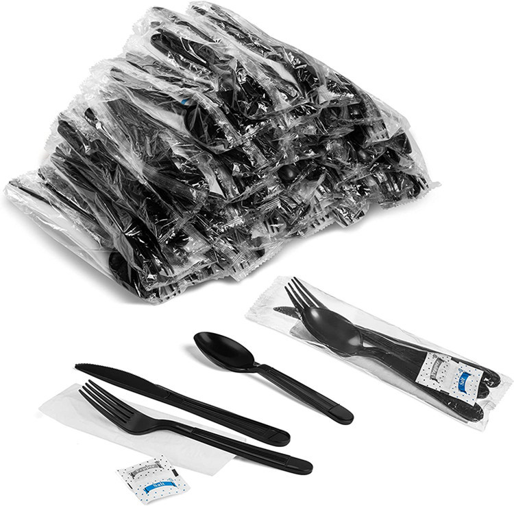 PP Black White Flatware Sets with Plastic Spoons Fork Knives Napkin Paper Disposable Cutlery Sets
