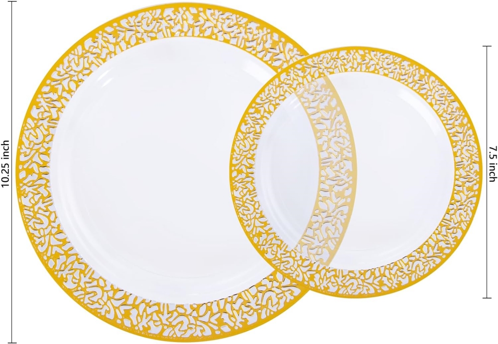 160 pieces Clear Gold Lace Rim Plastic Disposable charger plates dinnerware sets with fork knife spoon cup
