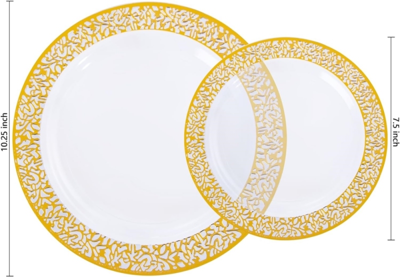 160 pieces Clear Gold Lace Rim Plastic Disposable charger plates dinnerware sets with fork knife spoon cup