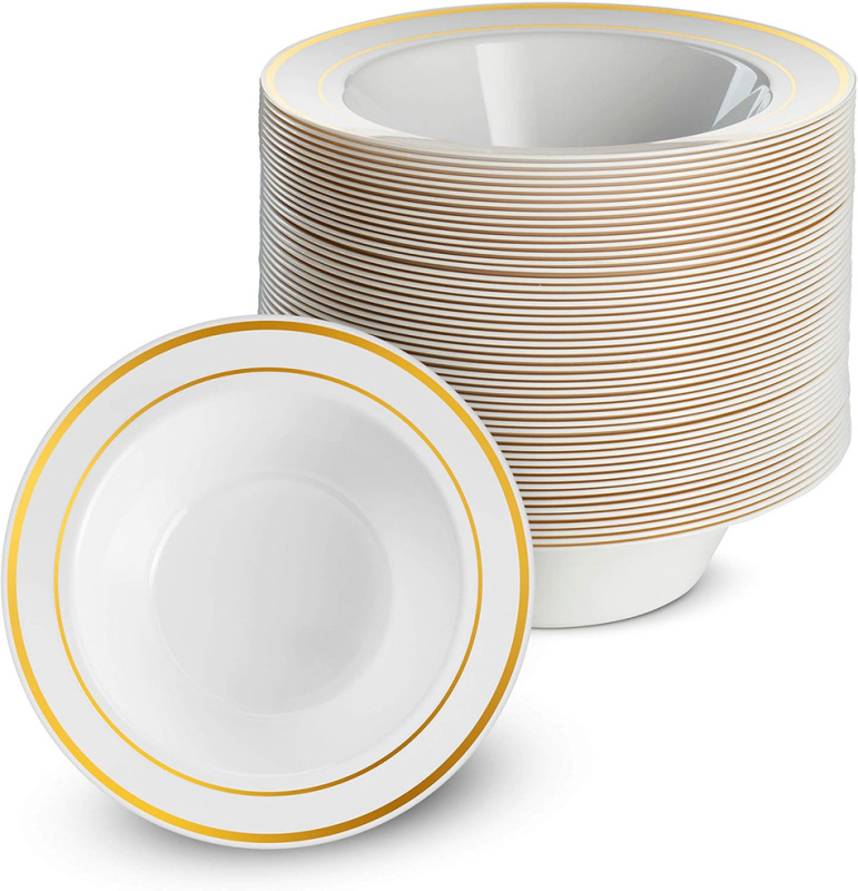 High quality heavy duty elegant party wedding 12 oz gold rim disposable plastic PS bowls for soup salad dessert