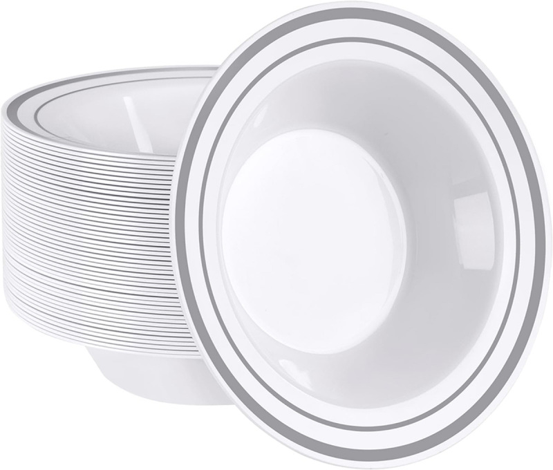 Western Catering Wedding Party Supply Silver Rim Disposable Plastic Salad Dessert Soup Bowls