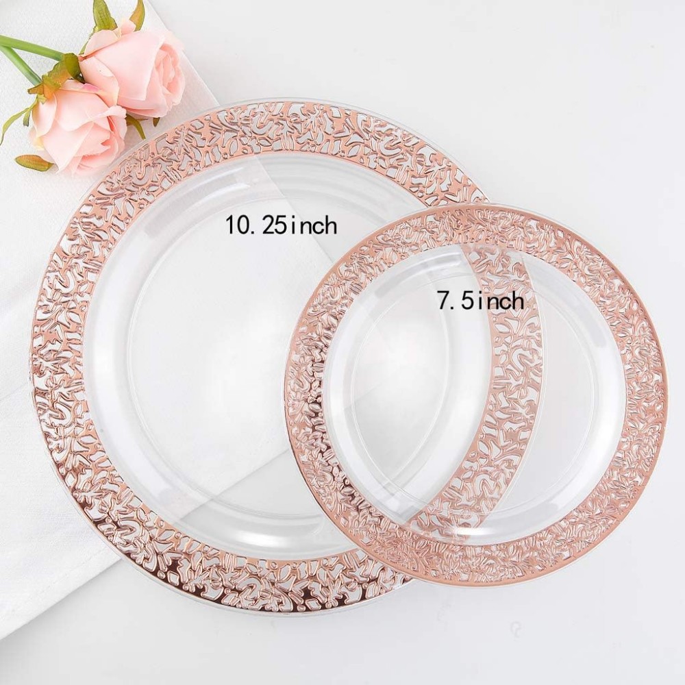 Whole sale 7.5 10.25 inch lace design wedding gold rose rim plastic disposable dishes & plates sets dinnerware