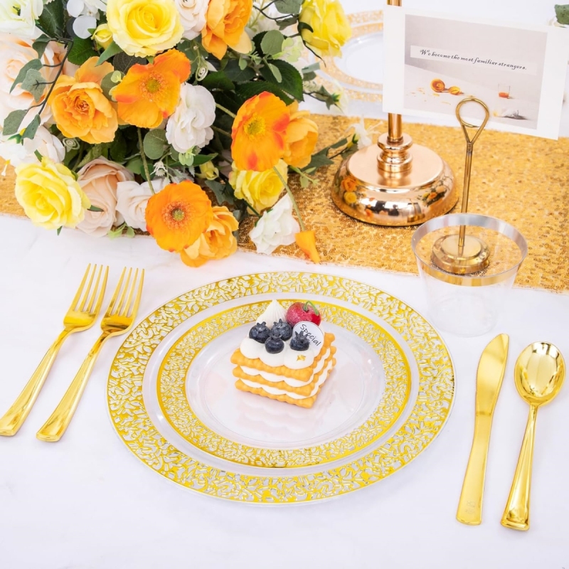 160 pieces Clear Gold Lace Rim Plastic Disposable charger plates dinnerware sets with fork knife spoon cup