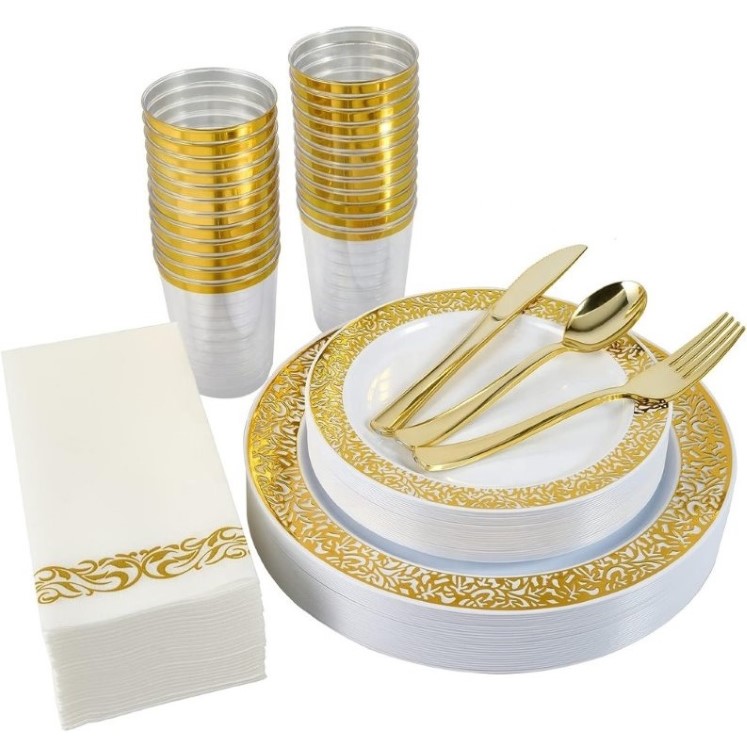 160 pieces Clear Gold Lace Rim Plastic Disposable charger plates dinnerware sets with fork knife spoon cup