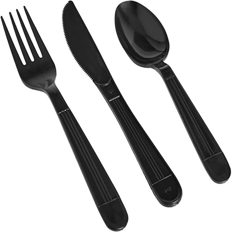 PP Black White Flatware Sets with Plastic Spoons Fork Knives Napkin Paper Disposable Cutlery Sets