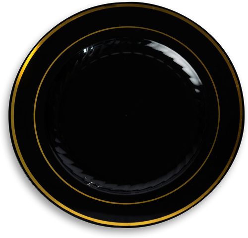 Black With Gold Rim Round China Like 10.25" Plastic Charger Plates
