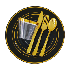 Black With Gold Rim Round China Like 10.25" Plastic Charger Plates