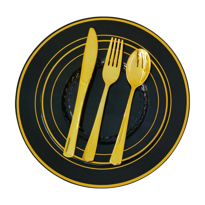 Black With Gold Rim Round China Like 10.25" Plastic Charger Plates