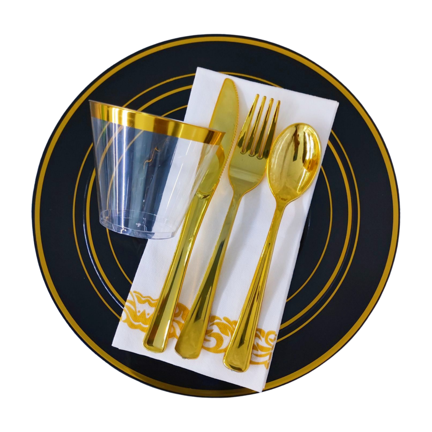 Black With Gold Rim Round China Like 10.25" Plastic Charger Plates