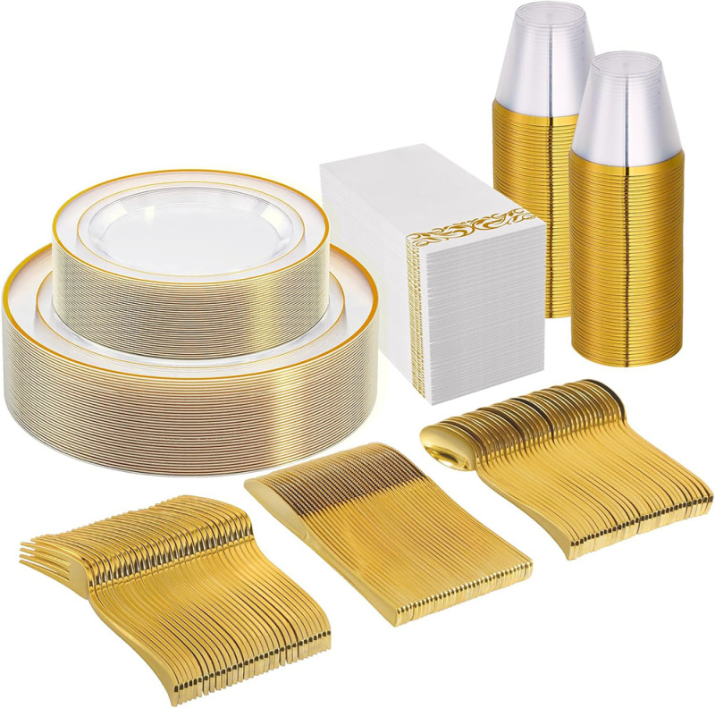 Clear Gold Dinnerware Set for 25 Guests, Clear Gold Rim Plastic Plates Disposable, Including 25 Dinner Plates, 25 Dessert Plates, 25 Napkins, 25 Cups,25 Gold Cutlery Set