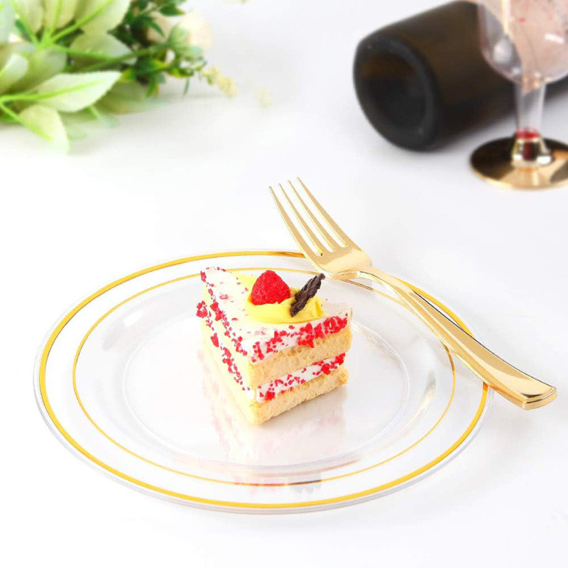 Clear Gold Dinnerware Set for 25 Guests, Clear Gold Rim Plastic Plates Disposable, Including 25 Dinner Plates, 25 Dessert Plates, 25 Napkins, 25 Cups,25 Gold Cutlery Set