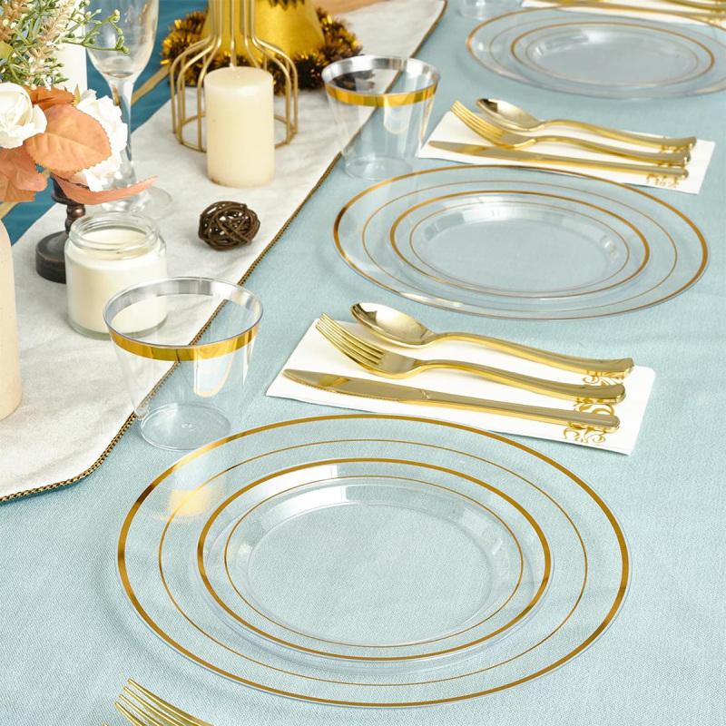 Clear Gold Dinnerware Set for 25 Guests, Clear Gold Rim Plastic Plates Disposable, Including 25 Dinner Plates, 25 Dessert Plates, 25 Napkins, 25 Cups,25 Gold Cutlery Set