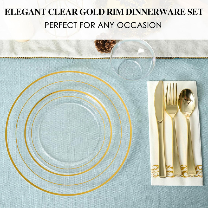 Clear Gold Dinnerware Set for 25 Guests, Clear Gold Rim Plastic Plates Disposable, Including 25 Dinner Plates, 25 Dessert Plates, 25 Napkins, 25 Cups,25 Gold Cutlery Set