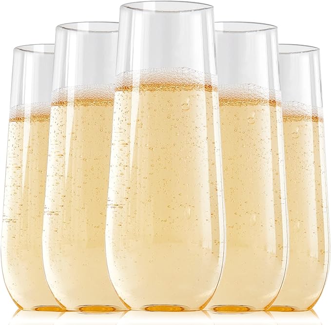 Disposable Reusable Plastic Champagne Flutes 9 Oz Stemless Clear Unbreakable Toasting Glasses Shatterproof For Wedding Or Party