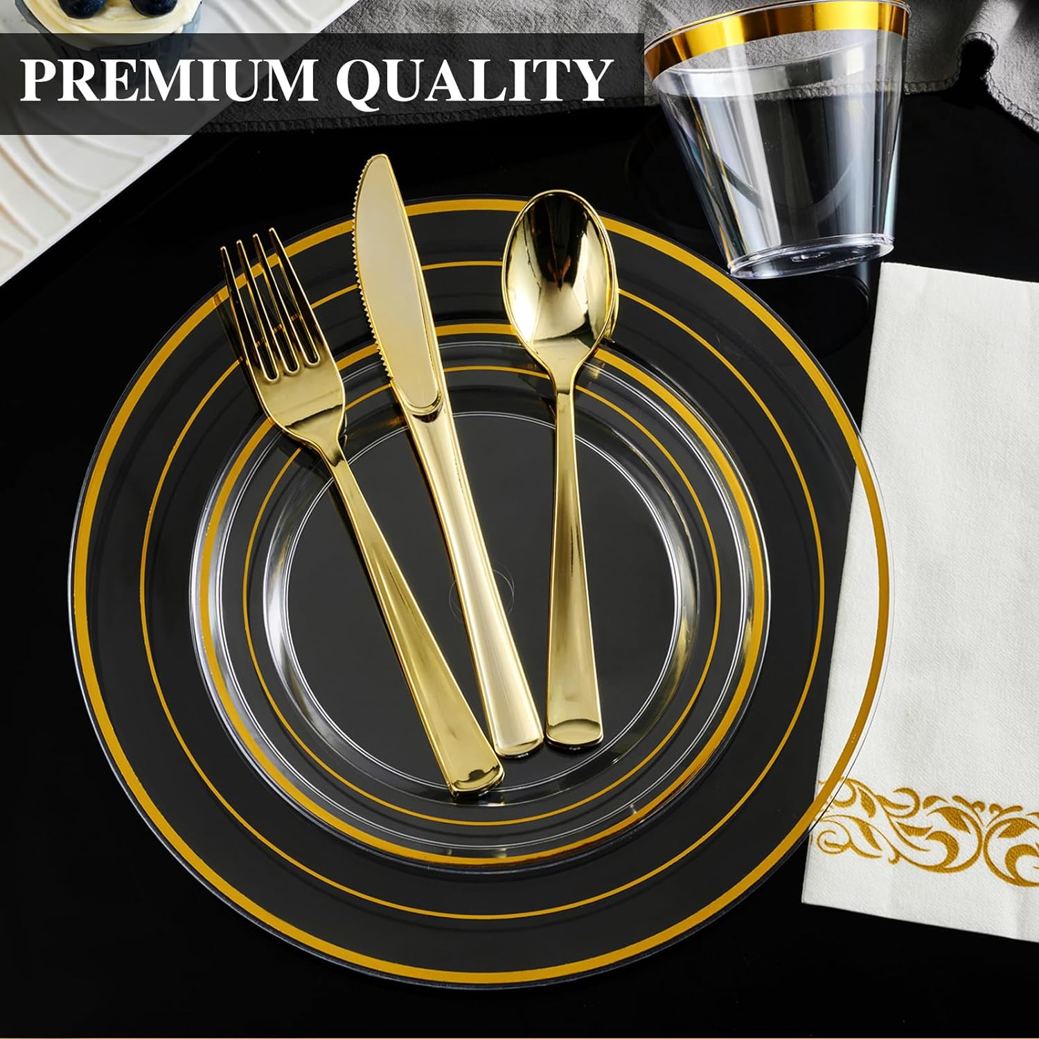 Clear Gold Dinnerware Set for 25 Guests, Clear Gold Rim Plastic Plates Disposable, Including 25 Dinner Plates, 25 Dessert Plates, 25 Napkins, 25 Cups,25 Gold Cutlery Set