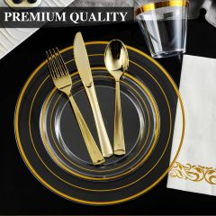 Clear Gold Dinnerware Set for 25 Guests, Clear Gold Rim Plastic Plates Disposable, Including 25 Dinner Plates, 25 Dessert Plates, 25 Napkins, 25 Cups,25 Gold Cutlery Set