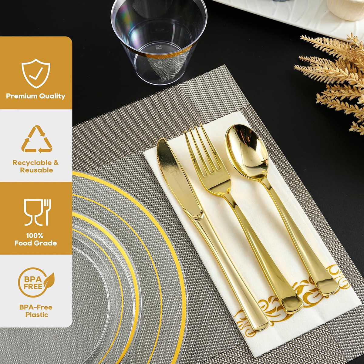 Clear Gold Dinnerware Set for 25 Guests, Clear Gold Rim Plastic Plates Disposable, Including 25 Dinner Plates, 25 Dessert Plates, 25 Napkins, 25 Cups,25 Gold Cutlery Set