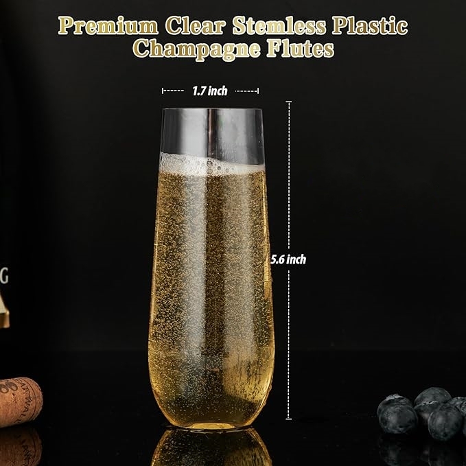 Disposable Reusable Plastic Champagne Flutes 9 Oz Stemless Clear Unbreakable Toasting Glasses Shatterproof For Wedding Or Party