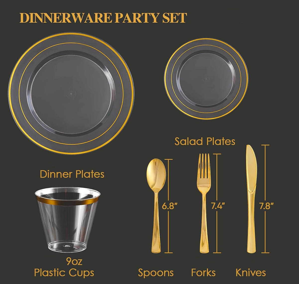 Clear Gold Dinnerware Set for 25 Guests, Clear Gold Rim Plastic Plates Disposable, Including 25 Dinner Plates, 25 Dessert Plates, 25 Napkins, 25 Cups,25 Gold Cutlery Set