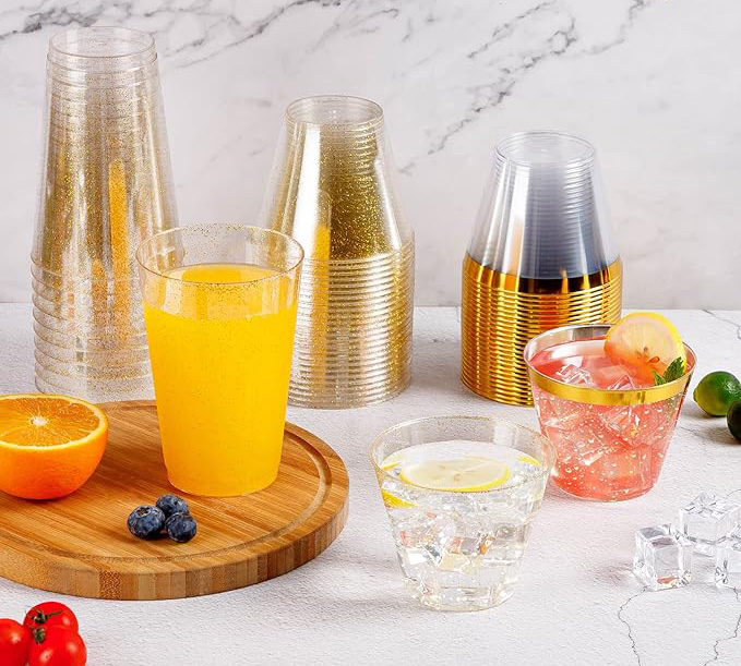 Heavy Duty 14 oz Glitter Disposable Reusable Clear Hard Plastic Cups Tumblers for Wedding, Thanksgiving, Halloween, Christmas Party