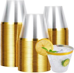 9 oz Clear Plastic Cups Tumblers, Elegant Gold Rimmed Plastic Cups, Disposable Cups with Gold Rim Perfect for Wedding and Party