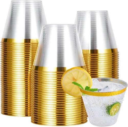 9 oz Clear Plastic Cups Tumblers, Elegant Gold Rimmed Plastic Cups, Disposable Cups with Gold Rim Perfect for Wedding and Party