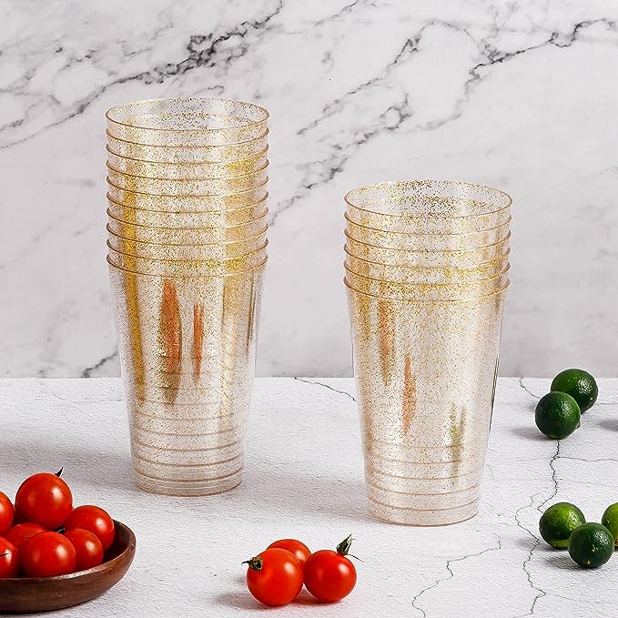 Heavy Duty 14 oz Glitter Disposable Reusable Clear Hard Plastic Cups Tumblers for Wedding, Thanksgiving, Halloween, Christmas Party