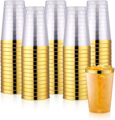Disposable 12 oz Crystal Clear Plastic Tumblers With Gold Rim for Party's & Weddings