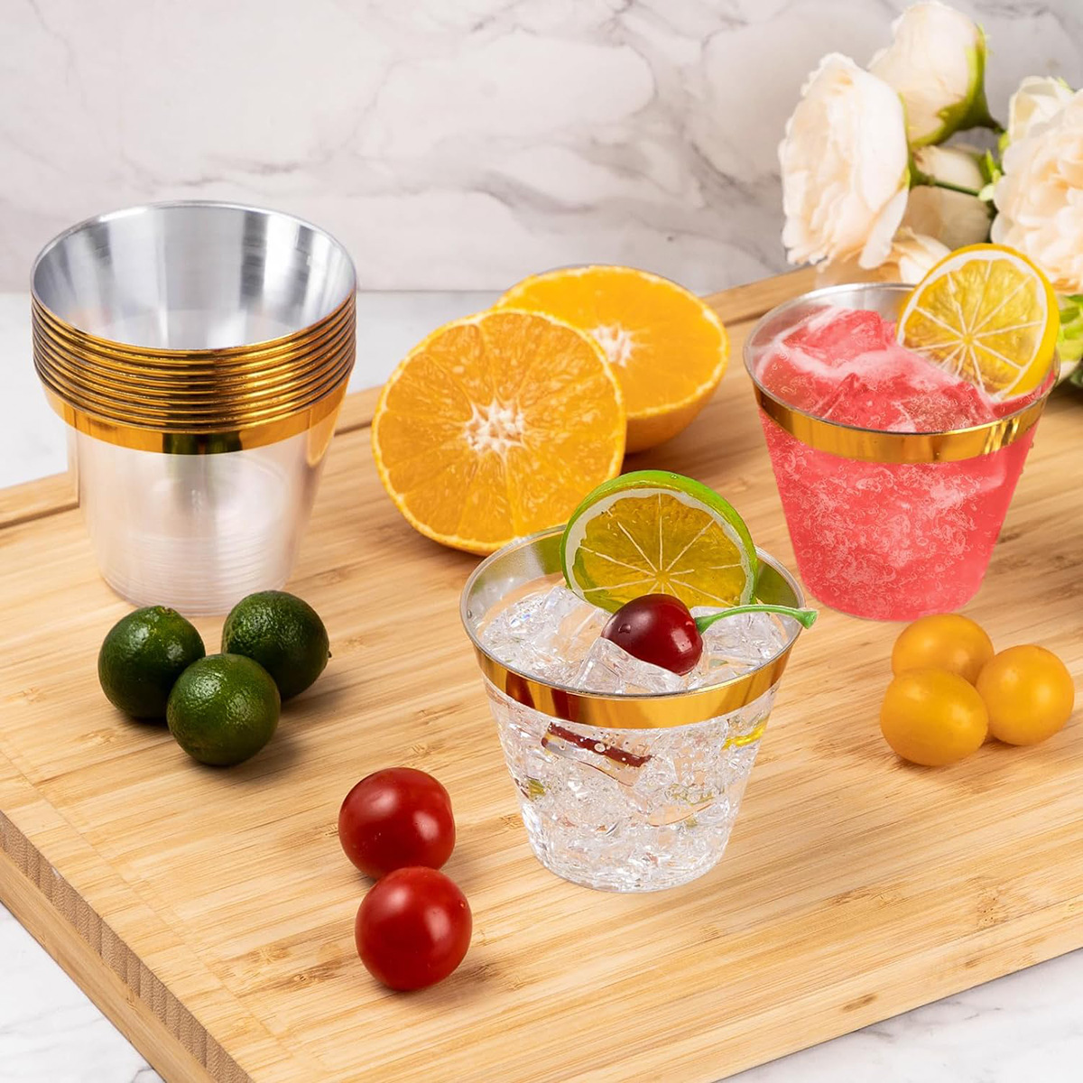 9 oz Clear Plastic Cups Tumblers, Elegant Gold Rimmed Plastic Cups, Disposable Cups with Gold Rim Perfect for Wedding and Party