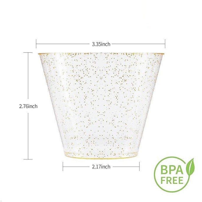 9 oz Glitter Plastic Cups for Party, Disposable Gold Cups, Plastic Cocktail Glasses for Wedding Thanksgiving, Christmas, and Parties