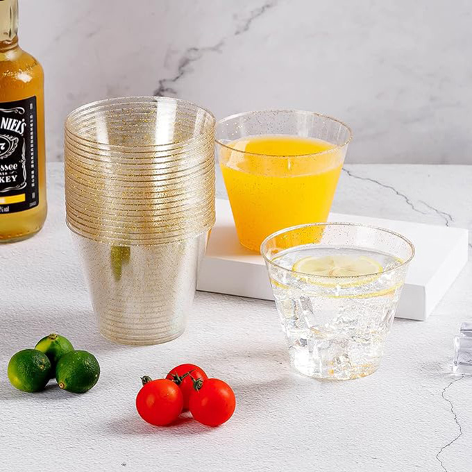 9 oz Glitter Plastic Cups for Party, Disposable Gold Cups, Plastic Cocktail Glasses for Wedding Thanksgiving, Christmas, and Parties