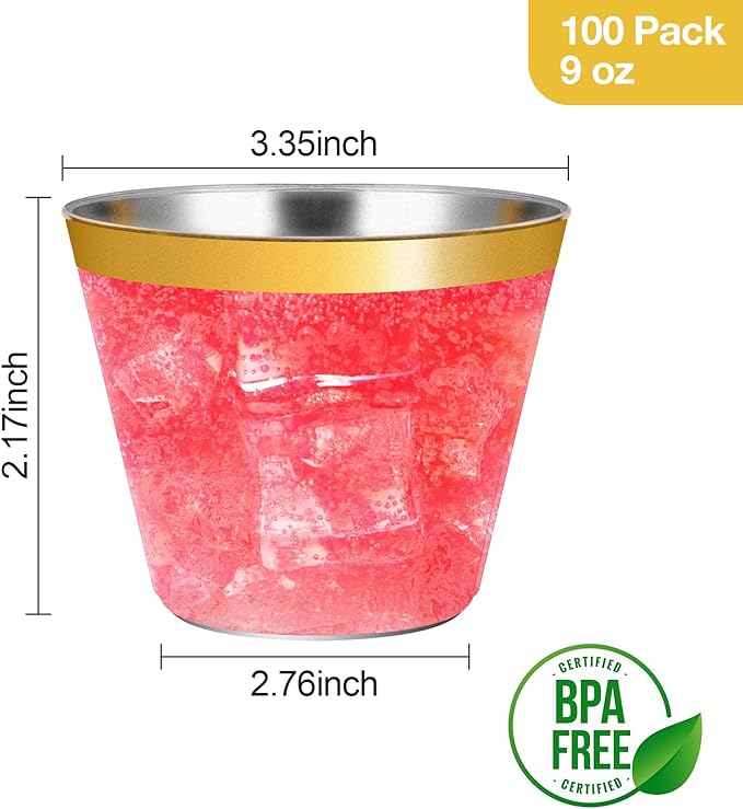 9 oz Clear Plastic Cups Tumblers, Elegant Gold Rimmed Plastic Cups, Disposable Cups with Gold Rim Perfect for Wedding and Party