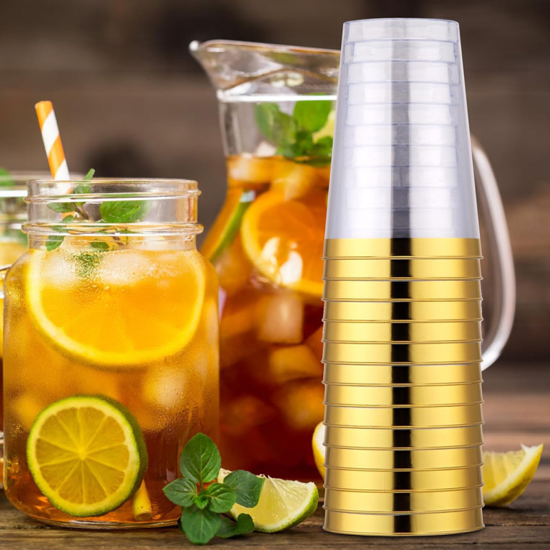 Disposable 12 oz Crystal Clear Plastic Tumblers With Gold Rim for Party's & Weddings