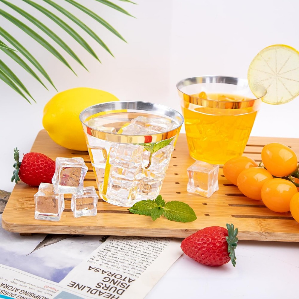 9 oz Clear Plastic Cups Tumblers, Elegant Gold Rimmed Plastic Cups, Disposable Cups with Gold Rim Perfect for Wedding and Party