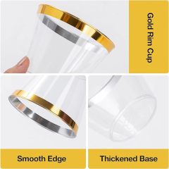 9 oz Clear Plastic Cups Tumblers, Elegant Gold Rimmed Plastic Cups, Disposable Cups with Gold Rim Perfect for Wedding and Party