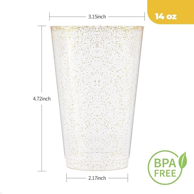 Heavy Duty 14 oz Glitter Disposable Reusable Clear Hard Plastic Cups Tumblers for Wedding, Thanksgiving, Halloween, Christmas Party