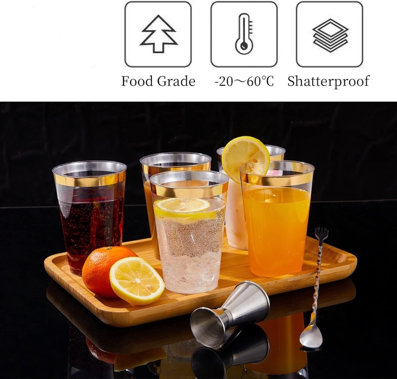 Disposable 12 oz Crystal Clear Plastic Tumblers With Gold Rim for Party's & Weddings
