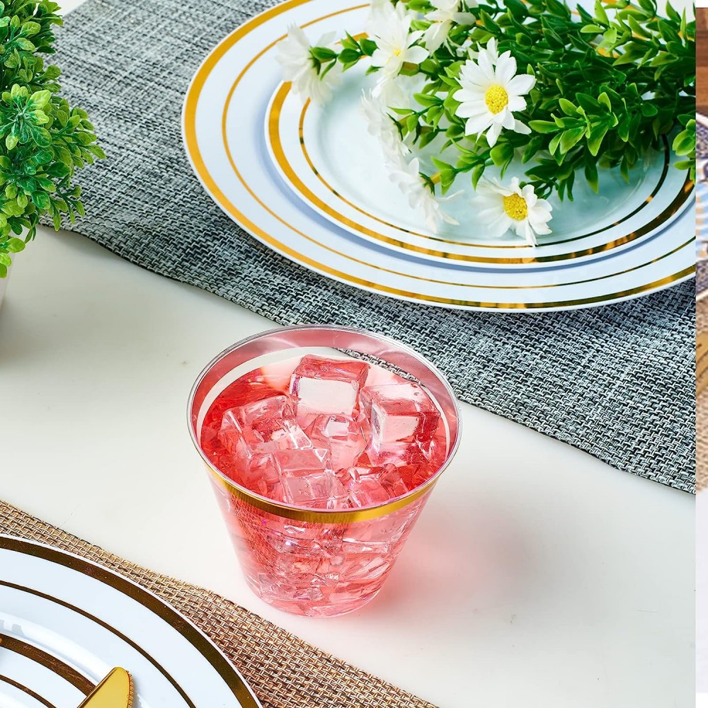 9 oz Clear Plastic Cups Tumblers, Elegant Gold Rimmed Plastic Cups, Disposable Cups with Gold Rim Perfect for Wedding and Party