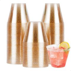 9 oz Glitter Plastic Cups for Party, Disposable Gold Cups, Plastic Cocktail Glasses for Wedding Thanksgiving, Christmas, and Parties