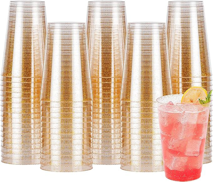 Heavy Duty 14 oz Glitter Disposable Reusable Clear Hard Plastic Cups Tumblers for Wedding, Thanksgiving, Halloween, Christmas Party