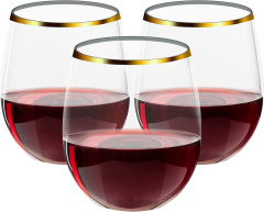 12 OZ Plastic Wine Glasses Stemless Disposable Gold Rim Unbreakable Wine Cups Glasses Reusable Shatterproof Recyclable and BPA-Free